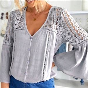 Boho Sheer Lace Flounce SleeveButton Down Shirt Top Blouse, medium